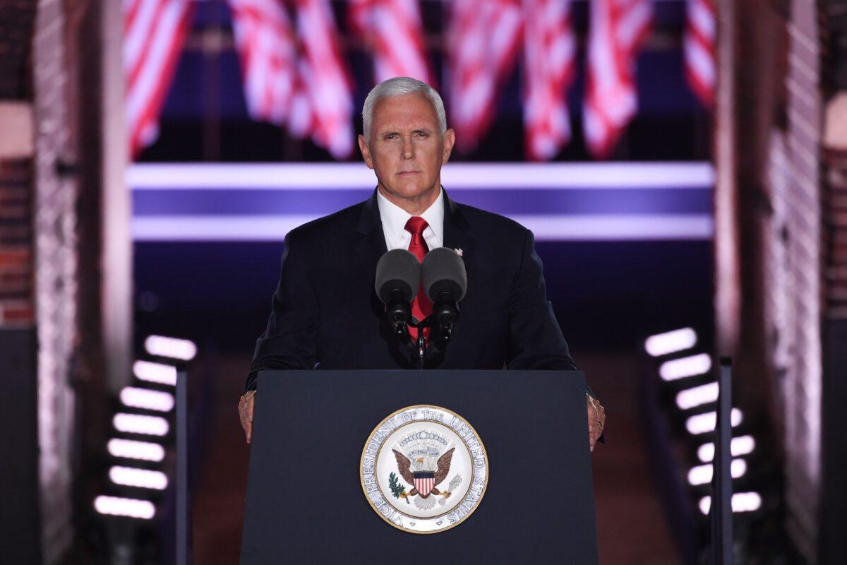  Vice President Mike Pence speaks during the third night of the Republican National Convention at Fort McHenry National Monument in Baltimore, Md., on Aug. 26, 2020. (Saul Loeb / AFP via Getty Images)