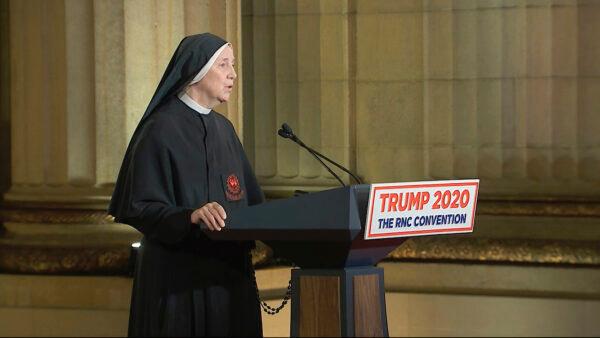 In this image from video, Sister Deirdre Byrne speaks from Washington, during the third night of the Republican National Convention, on Aug. 26, 2020. (Courtesy of the Committee on Arrangements for the 2020 Republican National Committee via AP)