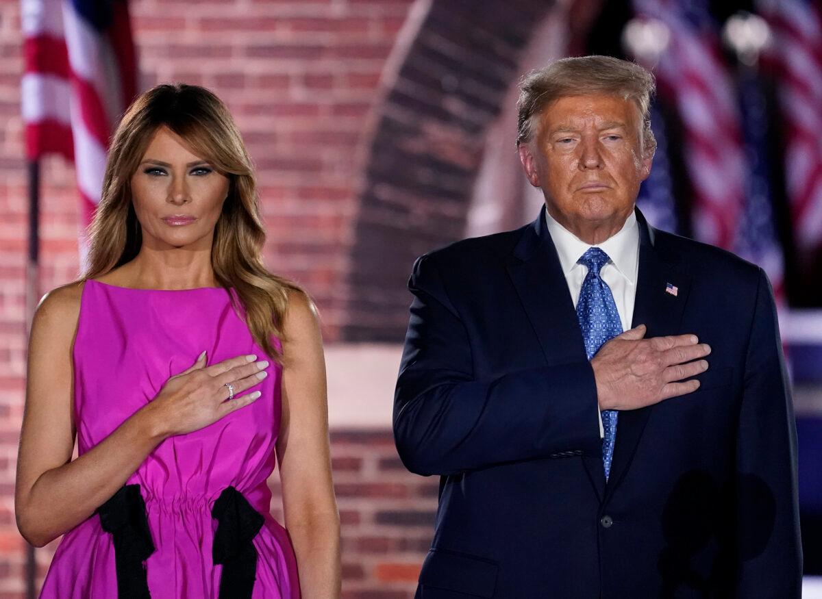 President Donald Trump and first lady Melania Trump attend Mike Pence’s acceptance speech for the vice-presidential nomination during the Republican National Convention at Fort McHenry National Monument in Baltimore, Md., on Aug. 26, 2020. (Drew Angerer/Getty Images)