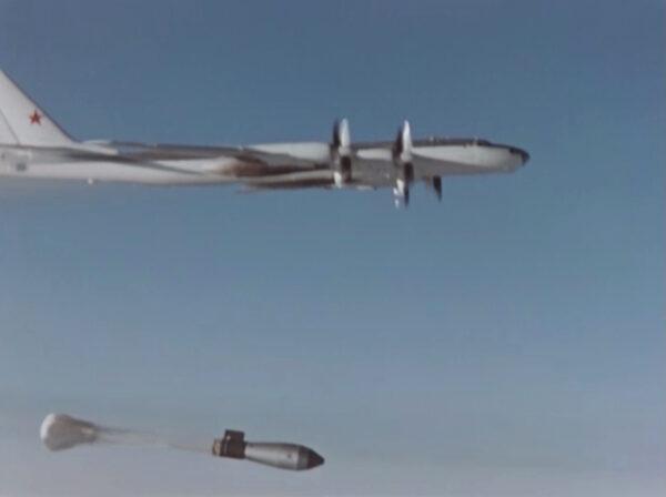 A plane drops the so-called Tsar Bomba in a test over the remote Novaya Zemlya archipelago in USSR. (Courtesy Ministry of medium machine building of USSR/Russian state atomic energy corporation Rosatom/Handout via Reuters)