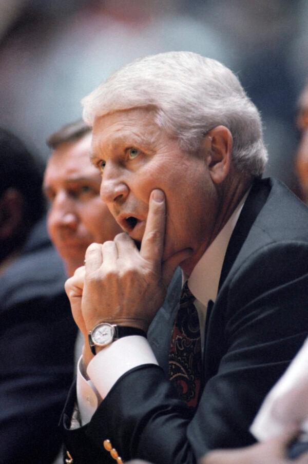 Arizona coach Lute Olson watches his team during a loss to Santa Clara in an NCAA men's college basketball tournament game in Salt Lake City, Utah, on March 19, 1993 (Jack Smith/AP Photo)