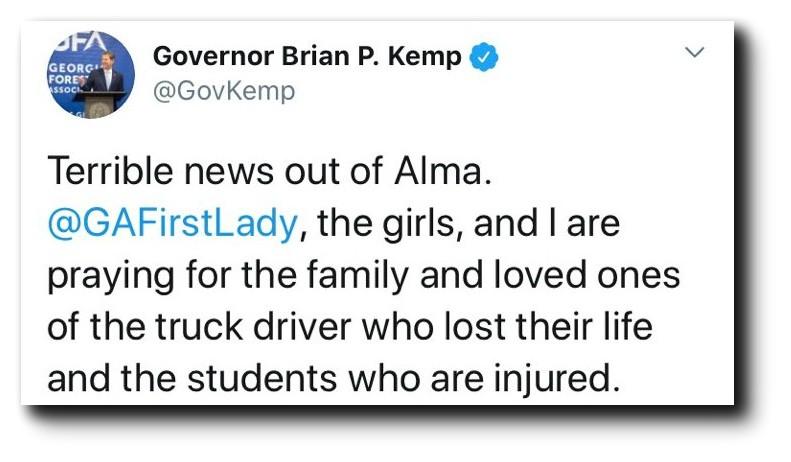 Georgia Governor Brian Kemp tweeted his condolences to those involved in the school bus crash that happened on Aug. 12 afternoon in Alma, GA. (<a href="https://twitter.com/GovKemp/status/1293697983071039488">Screenshot</a>/Twitter)