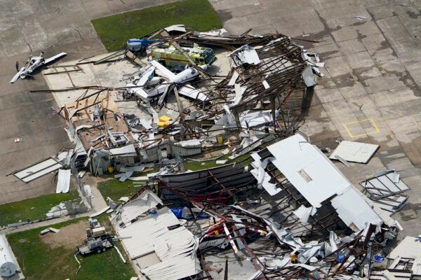 A airplane hangar is destroyed on Aug. 27, 2020, after Hurricane Laura went through the area near Lake Charles, La. (David J. Phillip/AP Photo)