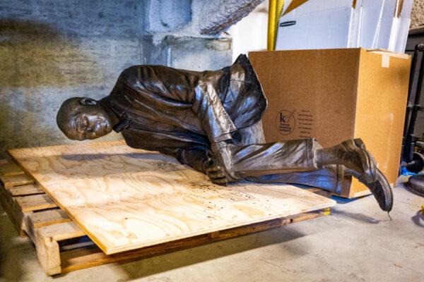 A statue of former donor Steve Mihaylo sits in a storage area on the California State University–Fullerton campus in Fullerton, Calif., on Aug. 28, 2020. (John Fredricks/The Epoch Times)