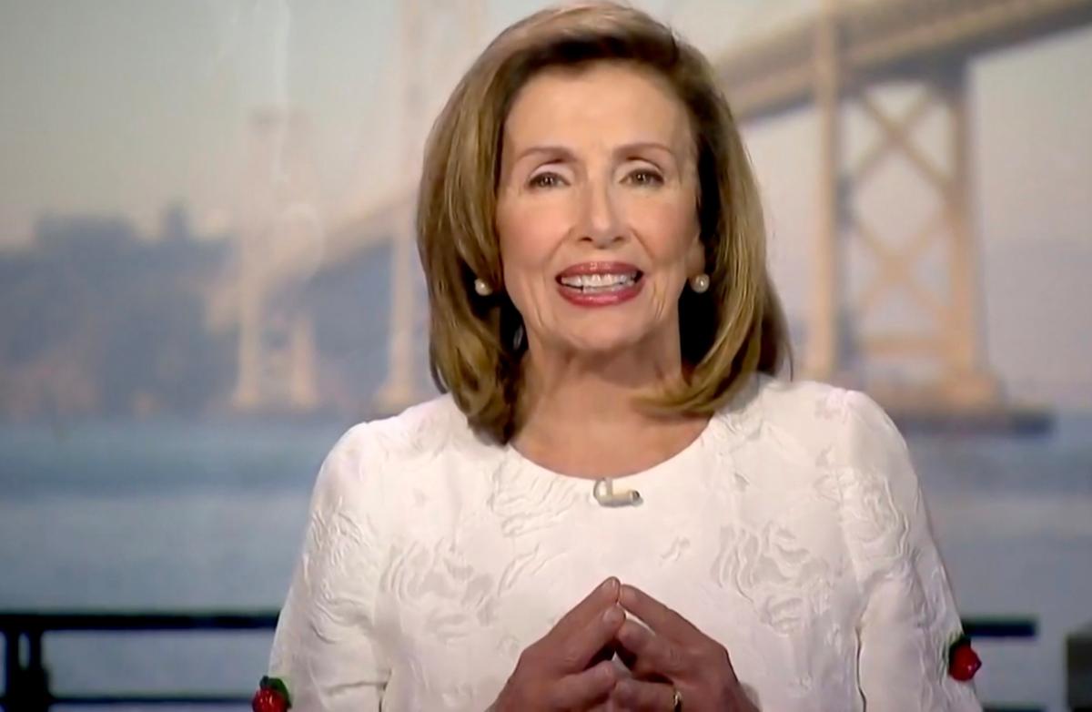 Speaker of the House Nancy Pelosi (D-Calif.) addresses the virtual 2020 Democratic National Convention on Aug. 19, 2020. (DNCC via Getty Images)