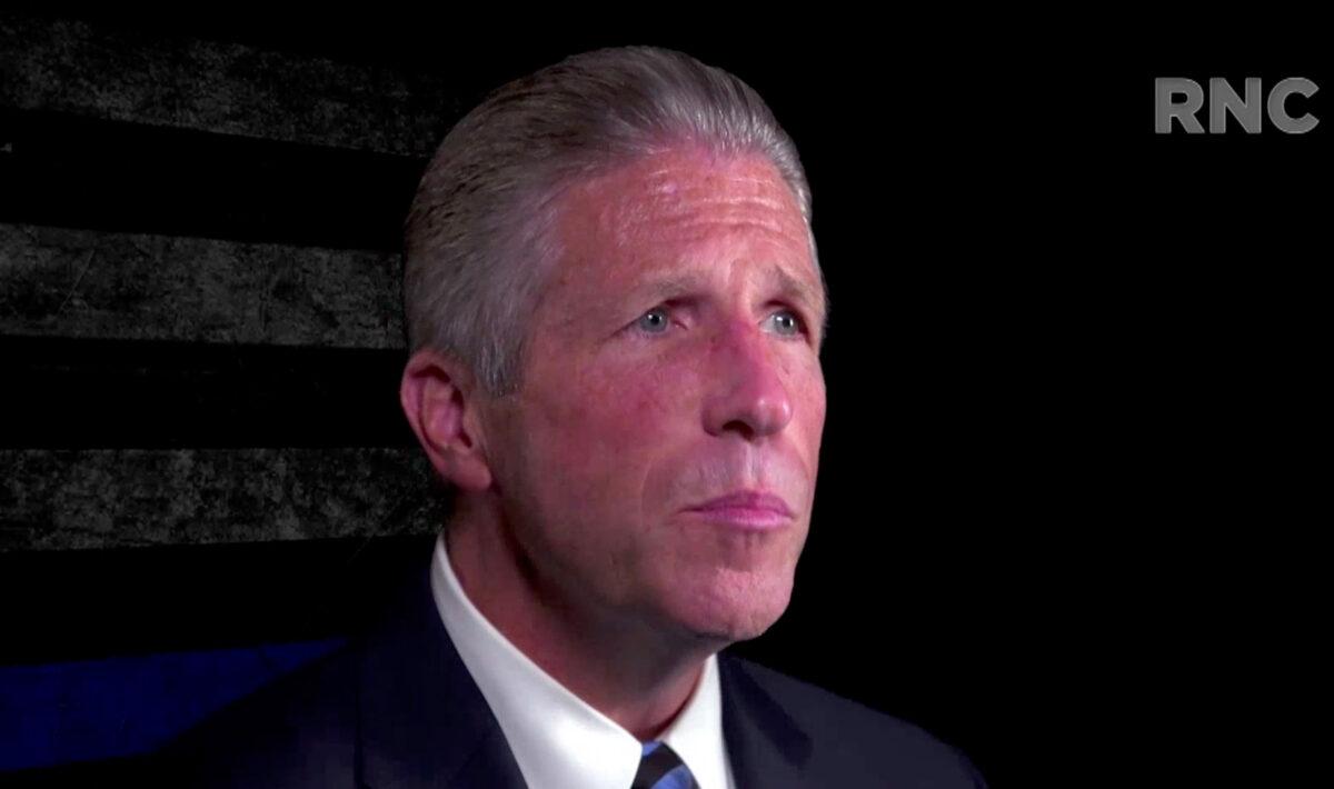 In this screenshot from the RNC’s livestream of the 2020 Republican National Convention, Patrick Lynch, president of the Police Benevolent Association of the city of New York, addresses the virtual convention on Aug. 27, 2020. (Courtesy of the Committee on Arrangements for the 2020 Republican National Committee via Getty Images)