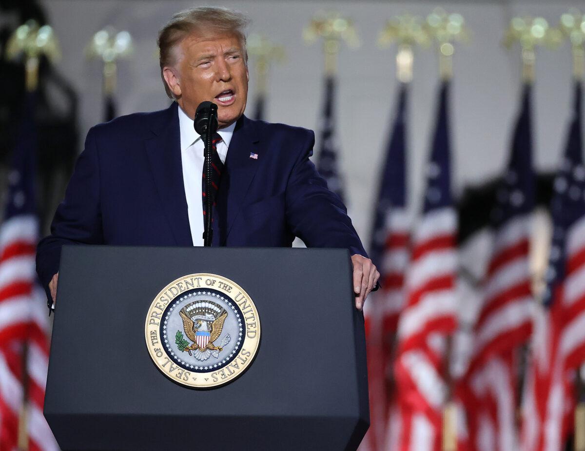  President Donald Trump delivers his acceptance speech for the Republican presidential nomination on the South Lawn of the White House on Aug. 27, 2020. (Chip Somodevilla/Getty Images)