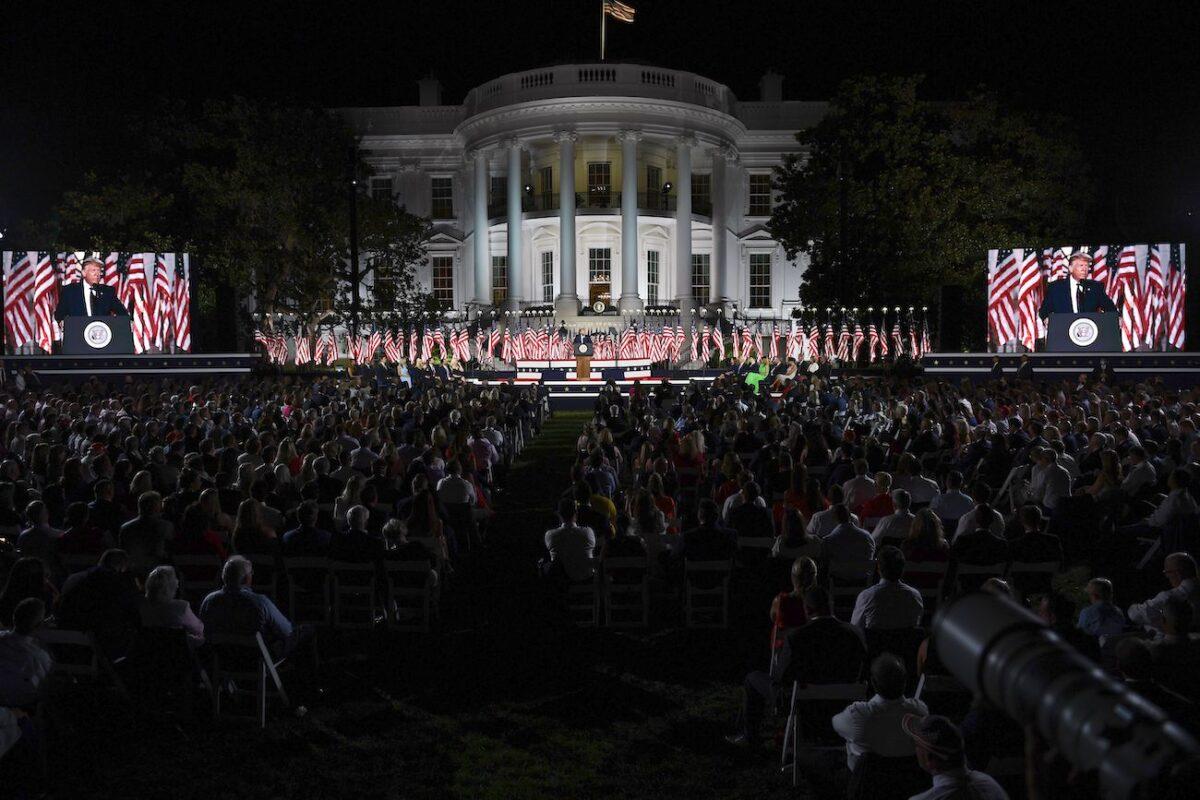 President Donald Trump delivers his acceptance speech for the Republican Party nomination for reelection during the final day of the Republican National Convention from the South Lawn of the White House in Washington, on Aug. 27, 2020. (Brendan Smialowski/AFP via Getty Images)