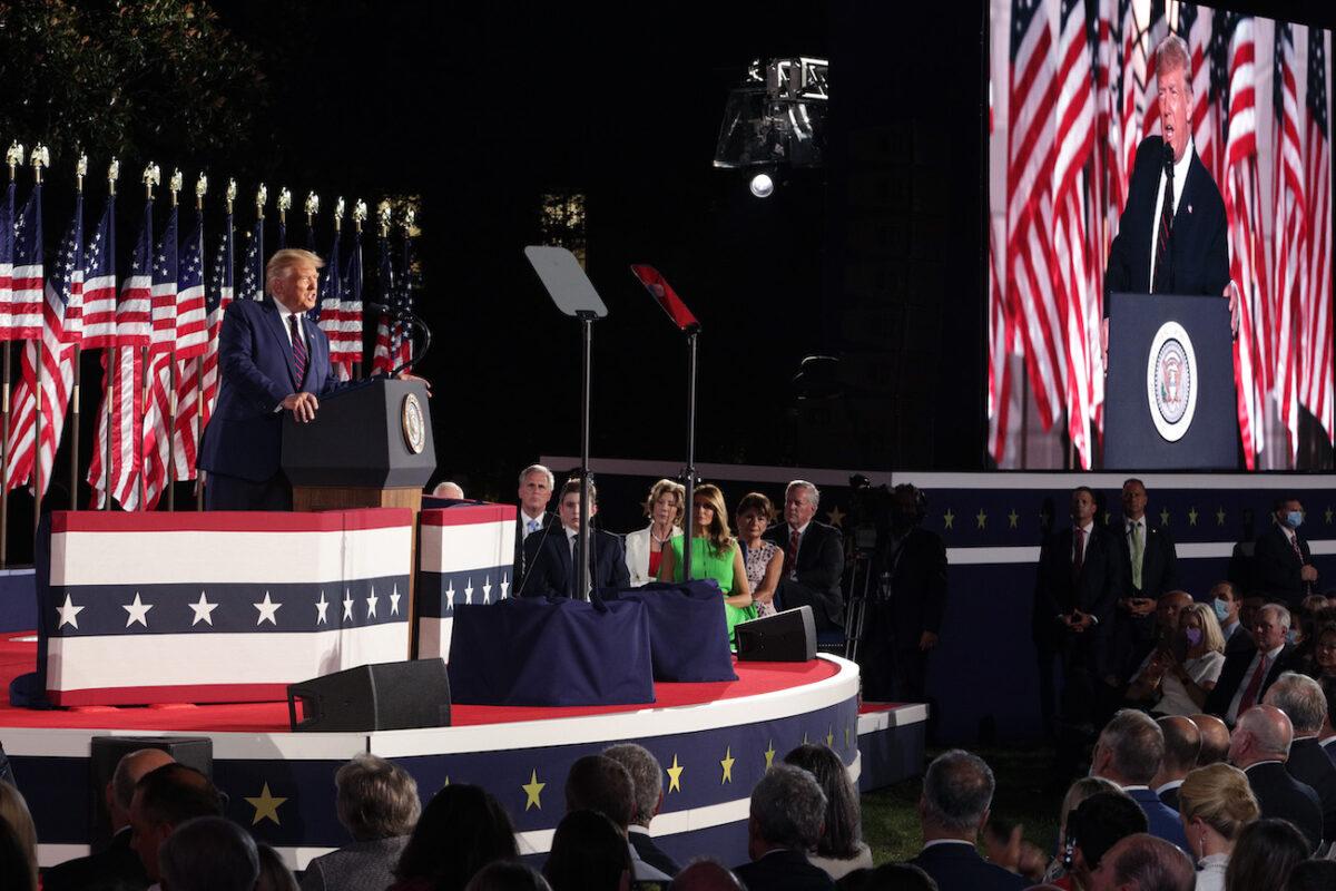 President Donald Trump delivers his acceptance speech for the Republican presidential nomination on the South Lawn of the White House in Washington on Aug. 27, 2020. (Alex Wong/Getty Images)