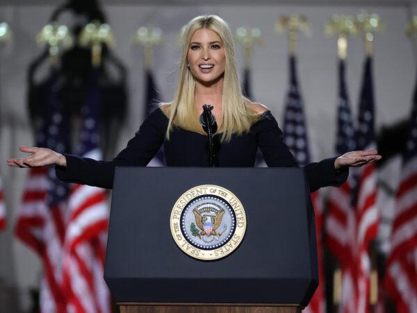 Ivanka Trump, daughter of President Donald Trump and White House senior adviser, addresses attendees as Trump prepares to deliver his acceptance speech for the Republican presidential nomination on the South Lawn of the White House in Washington, on Aug. 27, 2020. (Chip Somodevilla/Getty Images)