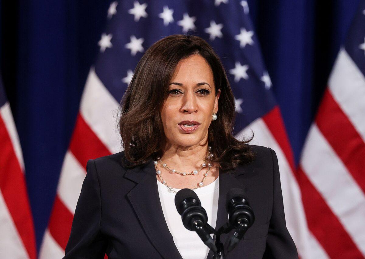 Democratic vice presidential nominee Kamala Harris delivers a campaign speech in Washington on Aug. 27, 2020. (Jonathan Ernst/Reuters)