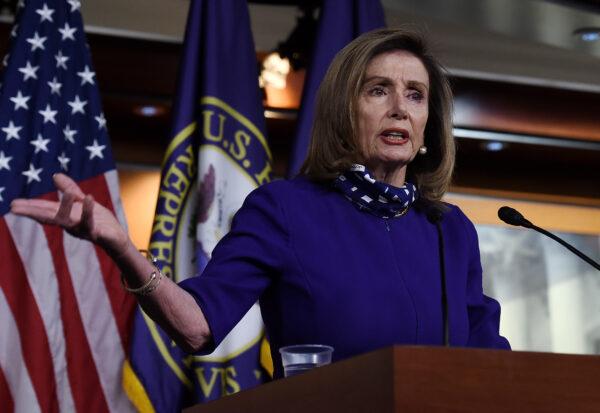 U.S. Speaker of the House Nancy Pelosi (D-Calif.) speaks to reporters during her weekly press conference at the U.S. Capitol in Washington on Aug. 27, 2020. (Olivier Douliery/AFP via Getty Images)