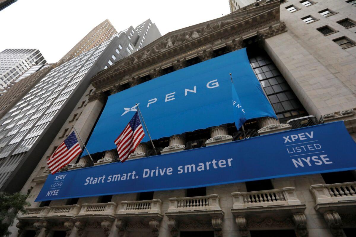 A banner announcing the Chinese vehicle manufacturer XPeng Inc. is seen outside the New York Stock Exchange (NYSE) ahead of the company's IPO trading under the stock symbol "XPEV" in New York City on Aug. 27, 2020. (Mike Segar/Reuters)