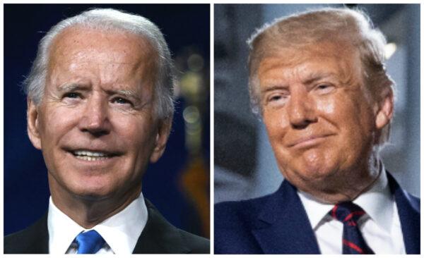 L: Former vice-president and Democratic presidential nominee Joe Biden accepts the Democratic Party nomination for president during the last day of the Democratic National Convention in Wilmington, Del., on Aug. 20, 2020. (Olivier Douliery/AFP via Getty Images); R: President Donald Trump after delivering his acceptance speech for the Republican presidential nomination on the South Lawn of the White House on Aug. 27, 2020. (Chip Somodevilla/Getty Images)