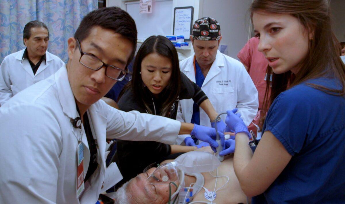 ER doctors Danny Cheng and Jamie Eng (2nd and 3rd L) in "Code Black." (Long Shot Factory)