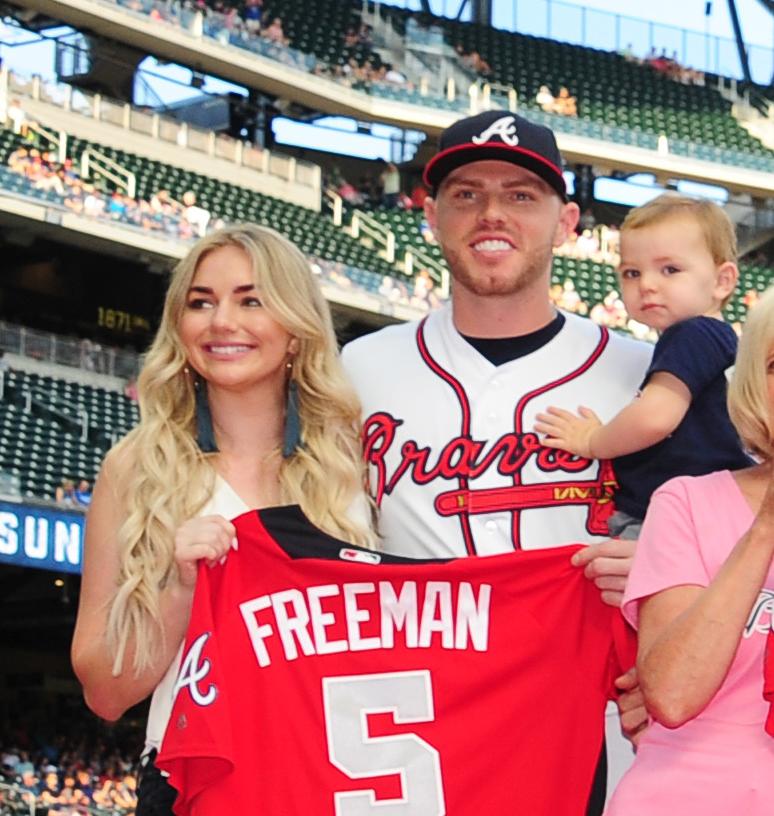 Members of the Atlanta Braves who made the MLB All-Star Game pose for a photograph with their families before the game against the Toronto Blue Jays at SunTrust Park on June 26, 2018, in Atlanta, Ga. (Scott Cunningham/Getty Images)