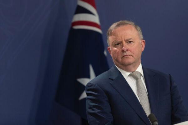 Australia's federal Labor leader Anthony Albanese speaks at a press conference with MP Chris Bowen in Sydney, Australia on Aug. 3, 2020. (Brook Mitchell/Getty Images)