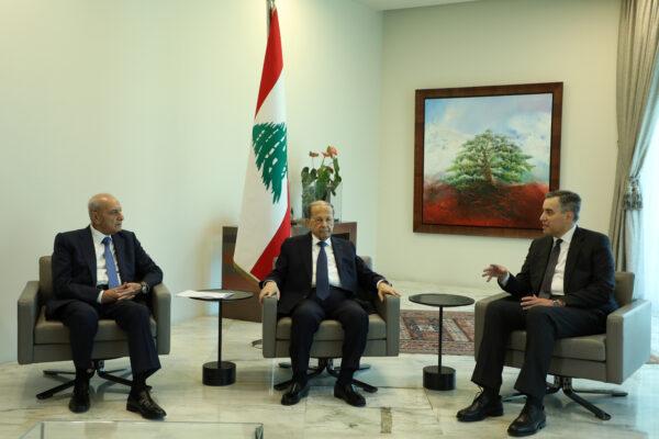 Designated Prime Minister Mustapha Adib, meets with Lebanon's President Michel Aoun and Lebanese Speaker of the Parliament Nabih Berri at the presidential palace in Baabda, Lebanon, on Aug. 31, 2020. (Mohamed Azakir/Reuters)