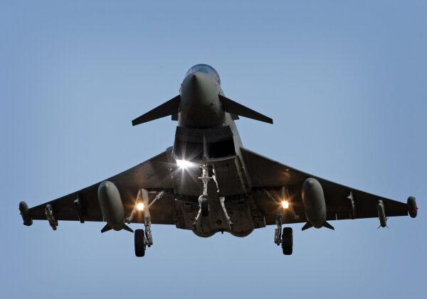 A Typhoon Tranche type 1 fighter jet prepares to land at RAF Coningsby in Lincolnshire, England, on Oct. 21, 2008. (Christopher Furlong/Getty Images)