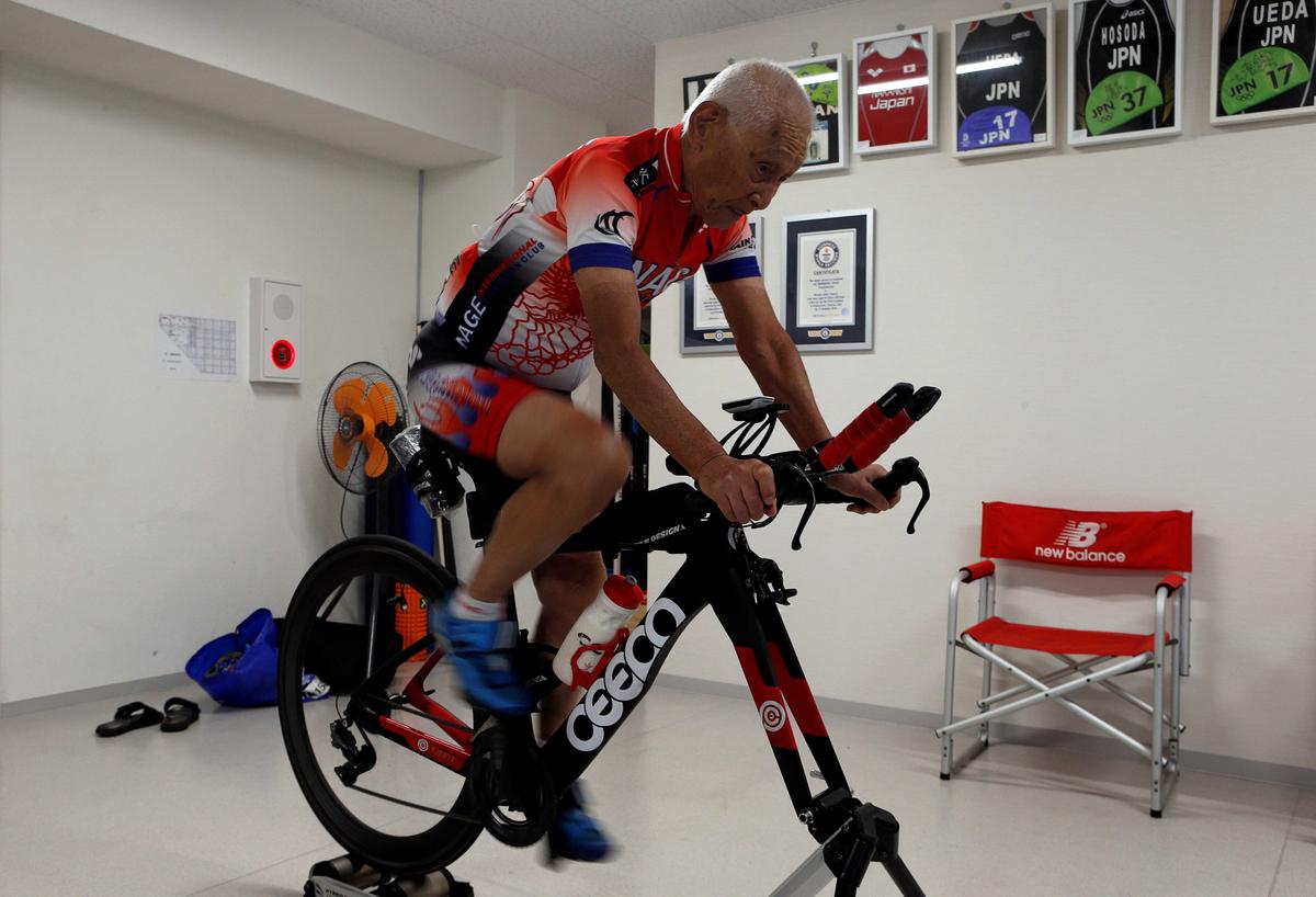 Hiromu Inada trains on his bike at his training facility in Chiba, near Tokyo, Japan, Aug. 26, 2020. (Jack Tarrant/REUTERS)