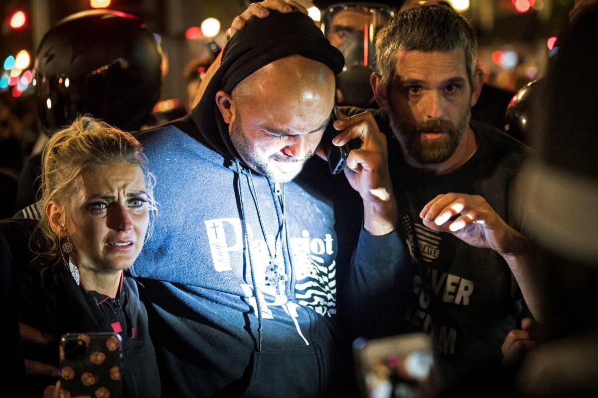 Joey Gibson, leader of Patriot Prayer, arrives at the scene of a shooting in Portland, Ore., on Aug. 29, 2020. (Mathieu Lewis-Rolland/Reuters)