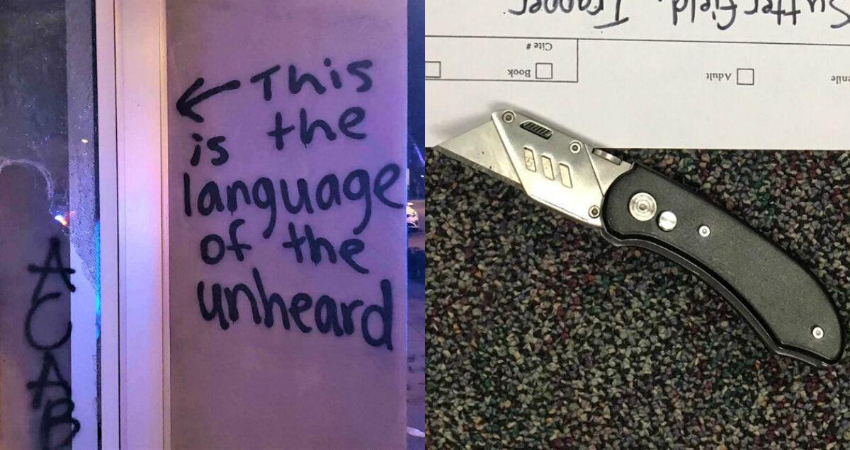 Graffiti calling the damage done to a dental clinic "the language of the unheard," left, and a knife found on a rioter, in Portland, Ore., on Aug. 31, 2020. (Portland Police Bureau)