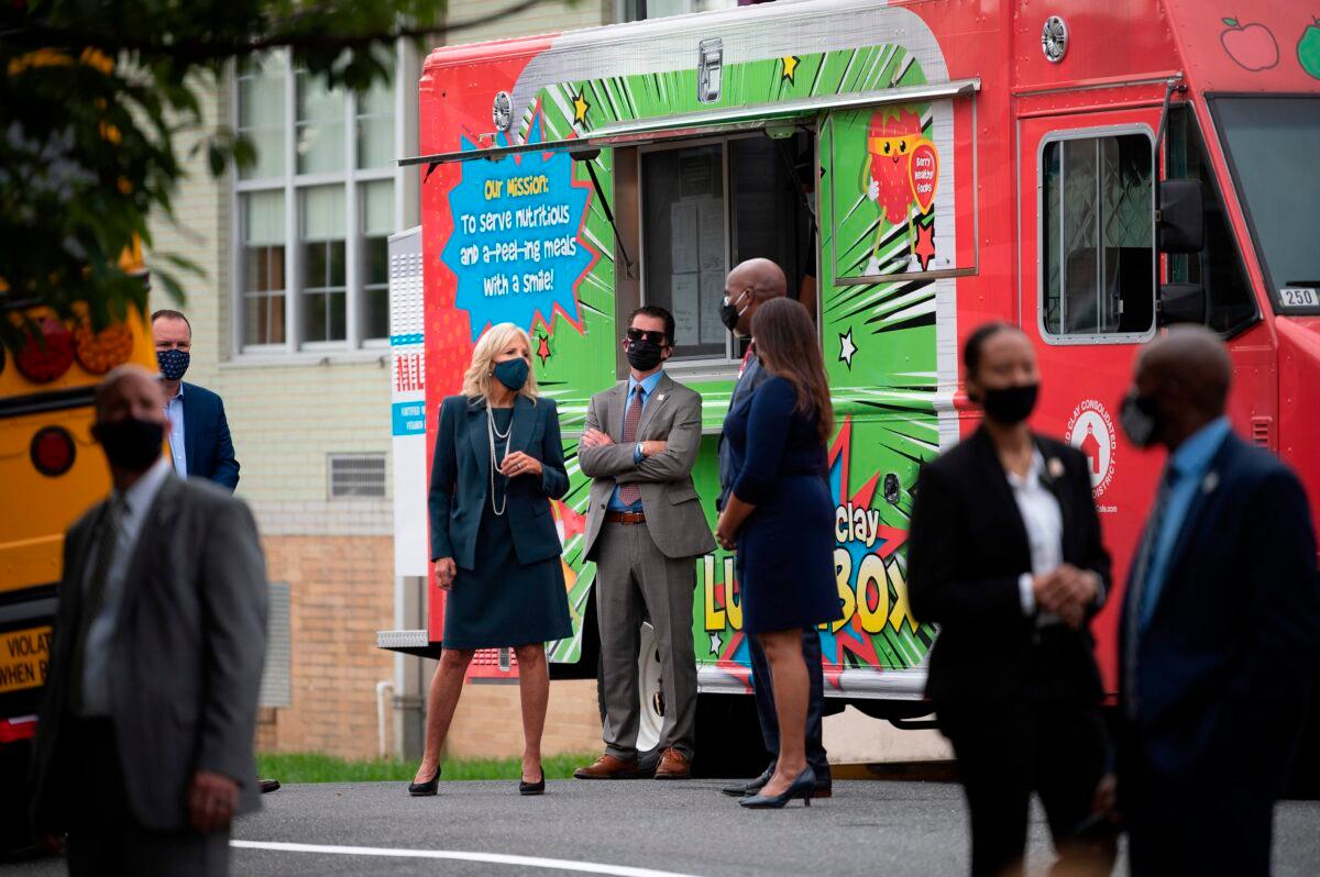 Jill Biden, left, the wife of Democratic presidential candidate Joe Biden, attends a Back to School Tour at Shortlidge Academy in Wilmington, Del., on Sept. 1, 2020. (Jim Watson/AFP via Getty Images)