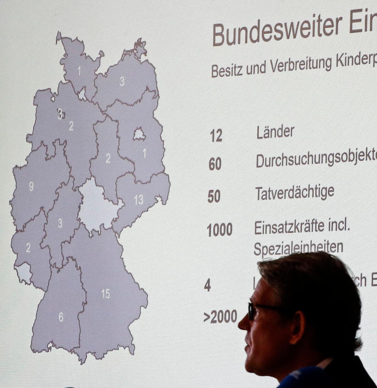 A map of Germany shows the number of raid places at a press conference about nationwide child pornography raids, at the police department in Cologne, Germany, on Sept. 2, 2020. (Martin Meissner/AP Photo)