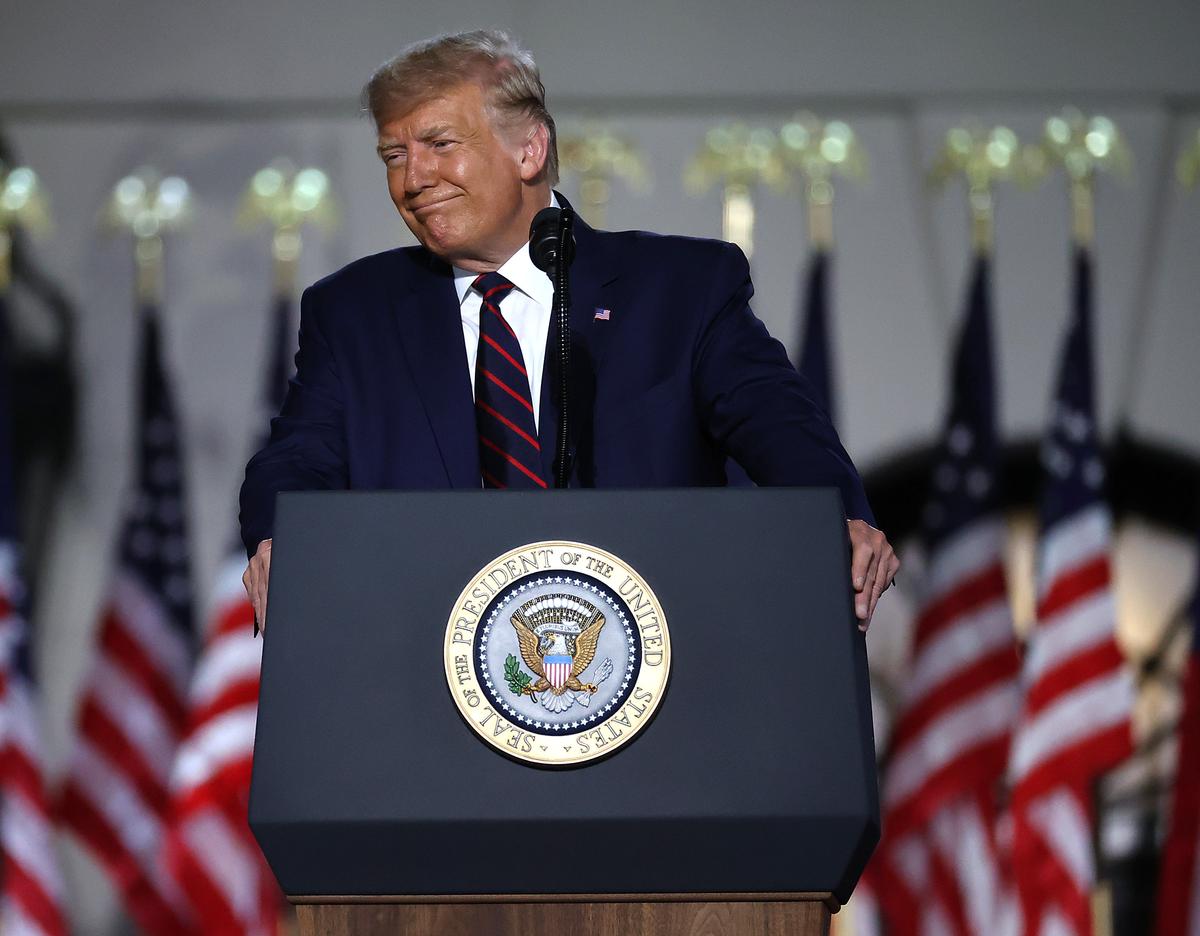 President Donald Trump delivers his acceptance speech for the Republican presidential nomination on the South Lawn of the White House on Aug. 27, 2020. (Chip Somodevilla/Getty Images)