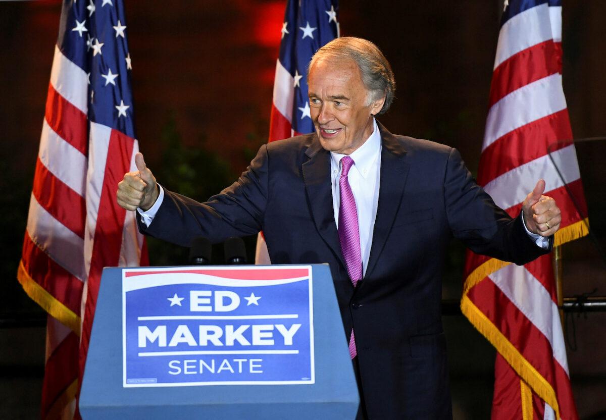 Sen. Ed Markey (D-Mass.) takes the stage at his primary election rally in Malden, Massachusetts, on Sept. 1, 2020. (Gretchen Ertl/Reuters)