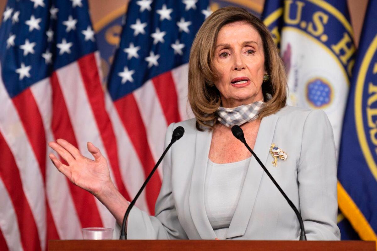 House Speaker Nancy Pelosi (D-Calif.) holds her weekly press briefing on Capitol Hill in Washington, on Aug. 13, 2020. (Jim Watson/AFP via Getty Images)