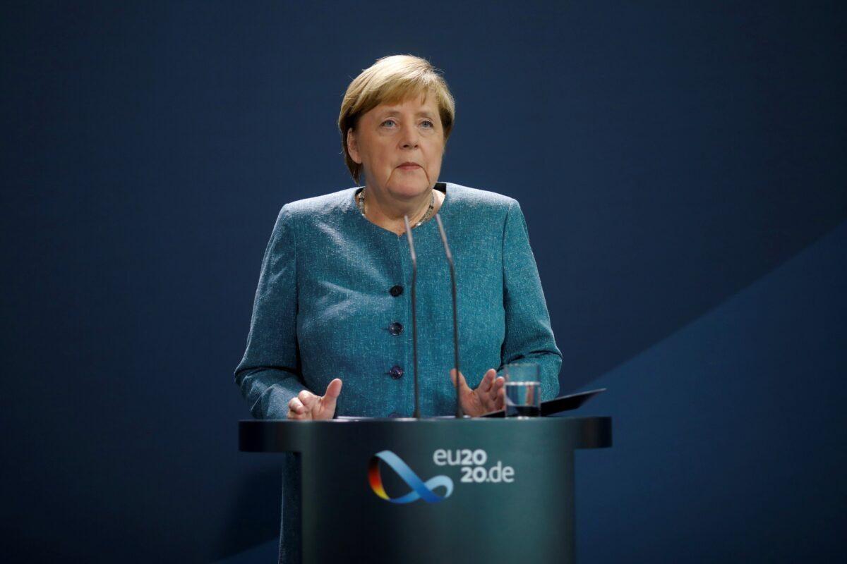 German Chancellor Angela Merkel speaks to the media during a statement about the latest developments in the case of Russian opposition leader Alexei Navalny at the chancellery in Berlin, Germany, on Sept. 2, 2020. (Markus Schreiber/Reuters)