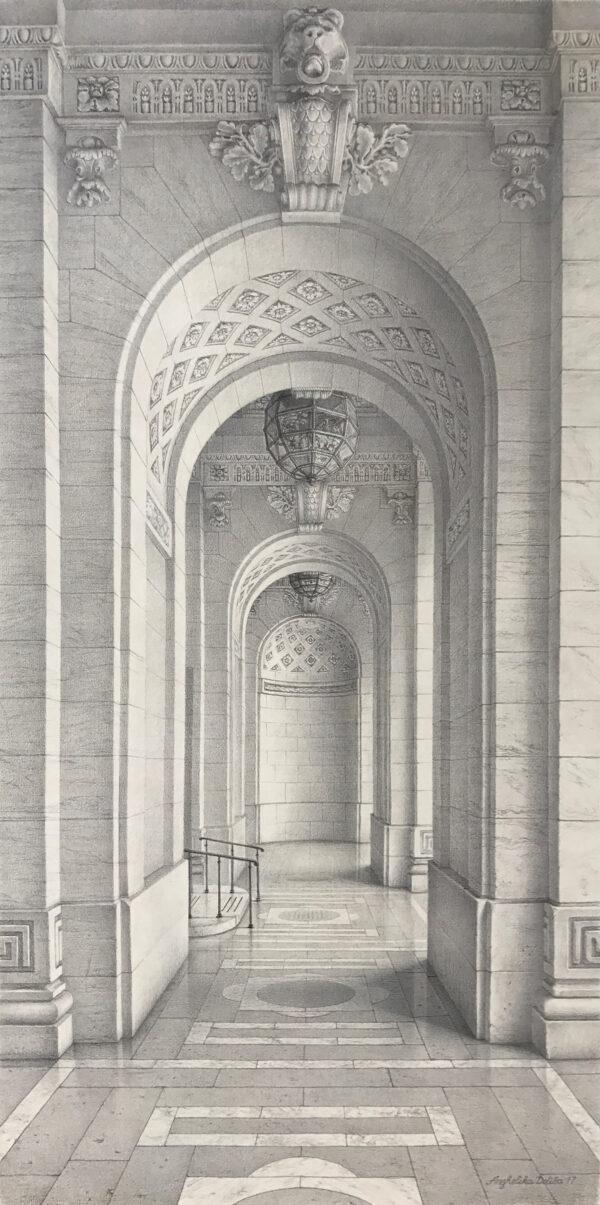 "New York Public Library,” 2017, by Anzhelika Doliba. Silverpoint on prepared paper; 10 inches by 20 inches. (Anzhelika Doliba)
