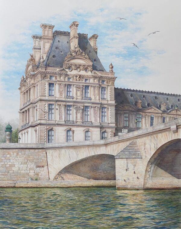The Louvre Museum is depicted in “Bonjour Paris,” 2020, by Anzhelika Doliba. Silverpoint drawing over thin casein paint layer on prepared paper; 19 inches by 24 inches. (Anzhelika Doliba)