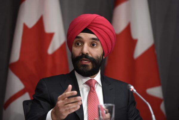 Minister of Innovation, Science and Industry Navdeep Bains speaks at a press conference on Parliament Hill in Ottawa on March 20, 2020. (Justin Tang/The Canadian Press)