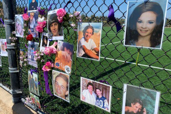 Pictures of people who died from a drug overdose line a fence at the Laguna Niguel Skate Park in Laguna Niguel, Calif., on Aug. 31, 2020. (Chris Karr/The Epoch Times)