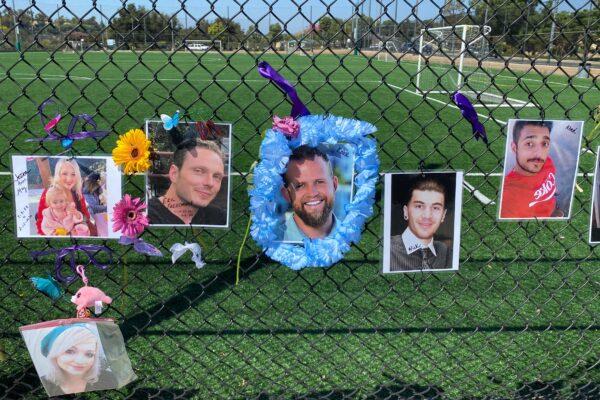 Pictures of people who died from a drug overdose line a fence at the Laguna Niguel Skate Park in Laguna Niguel, Calif., on Aug. 31, 2020. (Chris Karr/The Epoch Times)