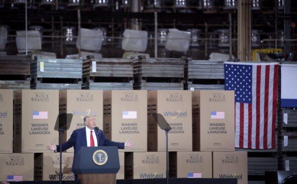 President Donald Trump speaks to workers at a Whirlpool manufacturing facility in Clyde, Ohio, on Aug. 6, 2020. (Scott Olson/Getty Images)