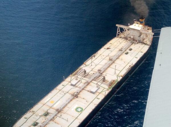 The New Diamond, a very large crude carrier chartered by Indian Oil Corp, that was carrying the equivalent of about 2 million barrels of oil, is seen after a fire broke out off east coast of Sri Lanka, on Sept. 3, 2020. (Courtesy Sri Lankan Airforce media/Handout via Reuters)