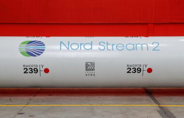 The logo of the Nord Stream 2 gas pipeline project is seen on a large diameter pipe at Chelyabinsk Pipe Rolling Plant owned by ChelPipe Group in Chelyabinsk, Russia, on Feb. 26, 2020. (Maxim Shemetov/Reuters)