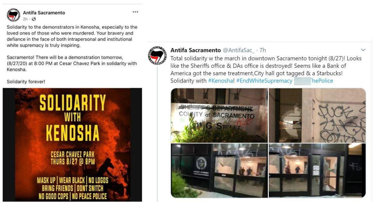 Facebook posts from Antifa's Sacramento chapter urging people to gather on Aug. 27, 2020. (Sacramento District Attorney's Office)