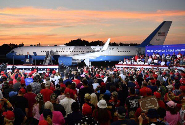 President Donald Trump addresses supporters during a campaign event at Arnold Palmer Regional Airport in Latrobe, Penn. on Sept. 3, 2020. (Mandel Ngan/AFP via Getty Images)