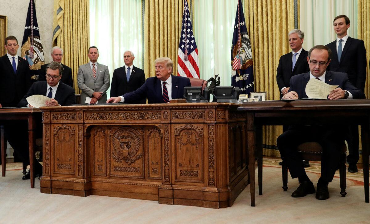 President Donald Trump hosts a signing ceremony with Serbia's President Aleksandar Vucic and Kosovo's Prime Minister Avdullah Hoti at the White House in Washington, on Sept. 4, 2020. (Leah Millis/Reuters)