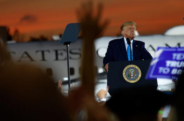 President Donald Trump speaks to supporters at a campaign rally at Arnold Palmer Regional Airport in Latrobe, Penn. on Sept. 3, 2020. (Jeff Swensen/Getty Images)