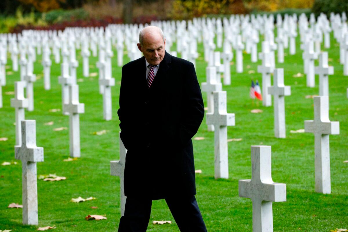 White House Chief of Staff John F Kelly visits the Aisne-Marne American Cemetery and Memorial in Belleau, France, on Nov. 10, 2018. (Geoffroy Van Der Hasselt/AFP via Getty Images)