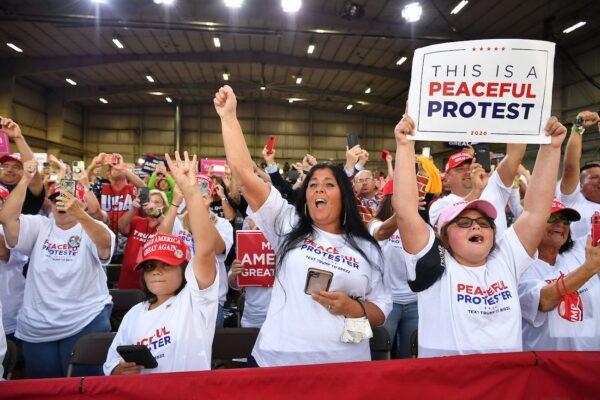 Supporters of President Donald Trump cheer during a campaign event at Arnold Palmer Regional Airport in Latrobe, Penn., on Sept. 3, 2020. (Mandel Ngan/AFP via Getty Images)