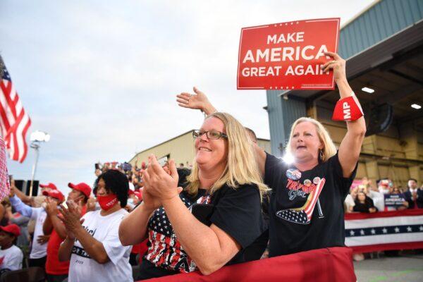 Supporters of President Donald Trump cheer during a campaign event at Arnold Palmer Regional Airport in Latrobe, Penn. on Sept. 3, 2020. (Mandel Ngan/AFP via Getty Images)