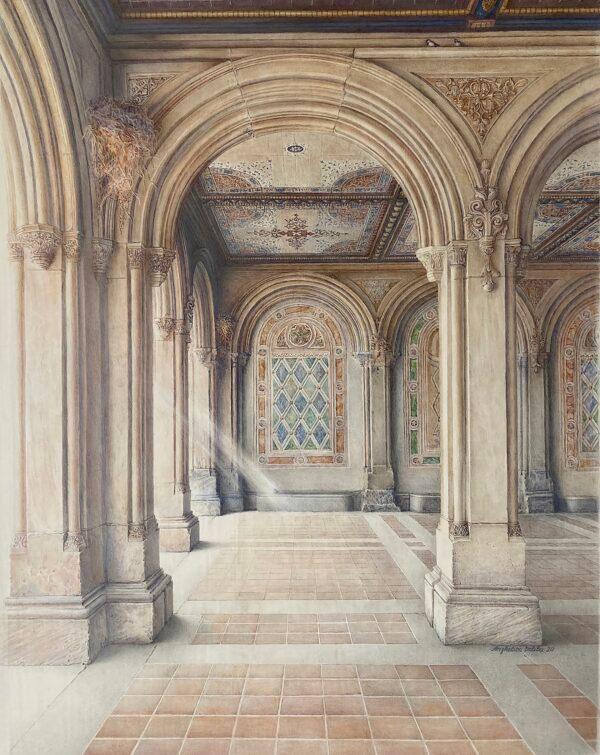 "Bethesda Terrace," Central Park, New York City, 2020, by Anzhelika Doliba. Silverpoint drawing over thin casein paint layer on wood panel; 18 inches by 24 inches. (Anzhelika Doliba)