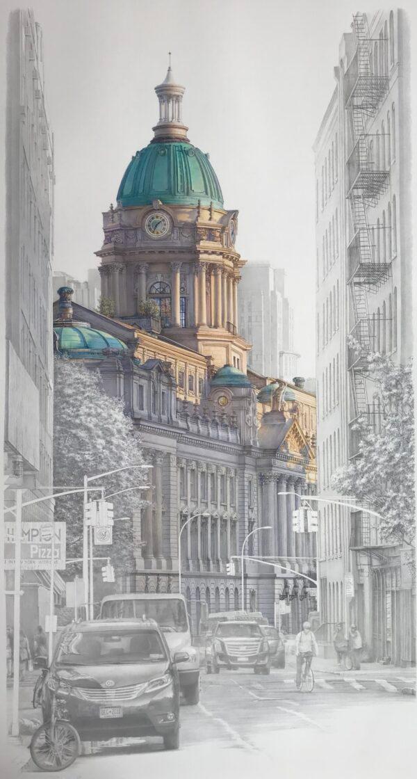 "The Top of Broom Street” or "New York City Police Department," 2019, by Anzhelika Doliba.  Silverpoint with casein paint on Plike paper; 19 inches by 37 inches. (Anzhelika Doliba)