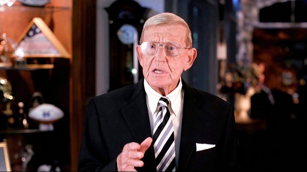 In this image from video, Lou Holtz speaks from Orlando, Fla., during the third night of the Republican National Convention on Aug. 26, 2020. (Courtesy of the Committee on Arrangements for the 2020 Republican National Committee via AP)